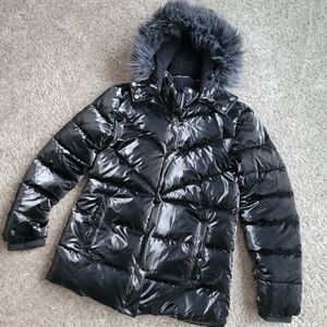 Justice Black Puffer Jacket with Faux Fur Hood Size L 12-14